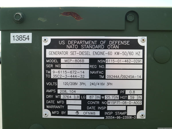 L3 MEP-806B Series 60kW John Deere 6068 TF Diesel Generator Skid | Only 4 hrs!